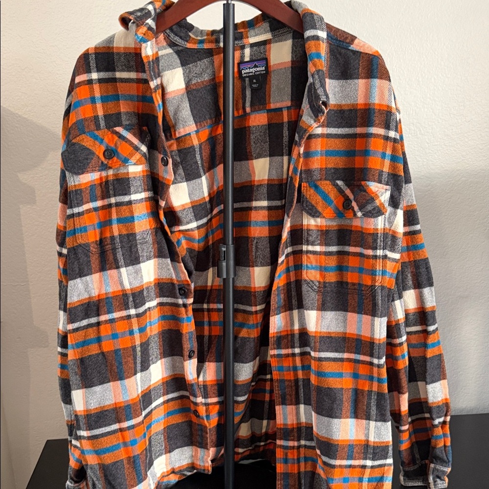 Patagonia Fjord Organic Cotton Orange, Blue & Black Plaid Flannel Shirt Jacket